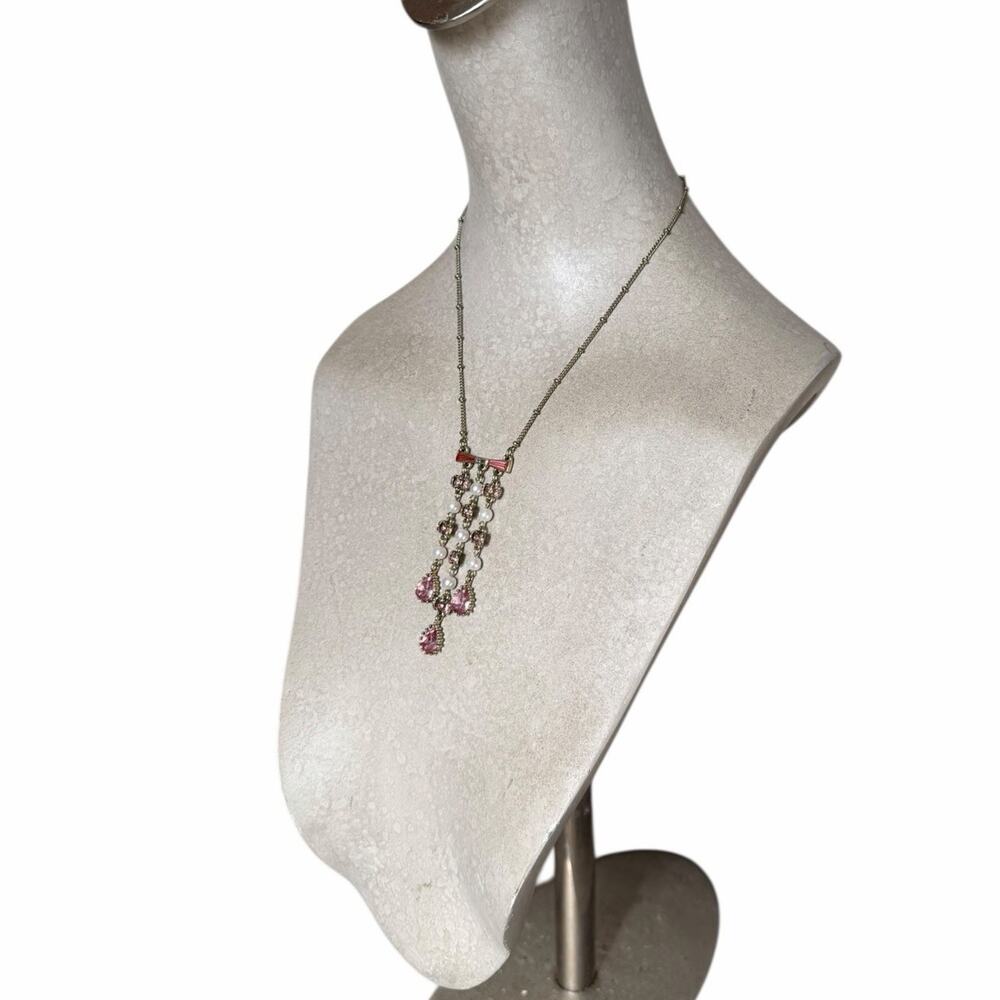 Betsey Johnson Pink Crystal Pearl Drop Necklace Gold Tone Marked Faux Pearl - Picture 7 of 13